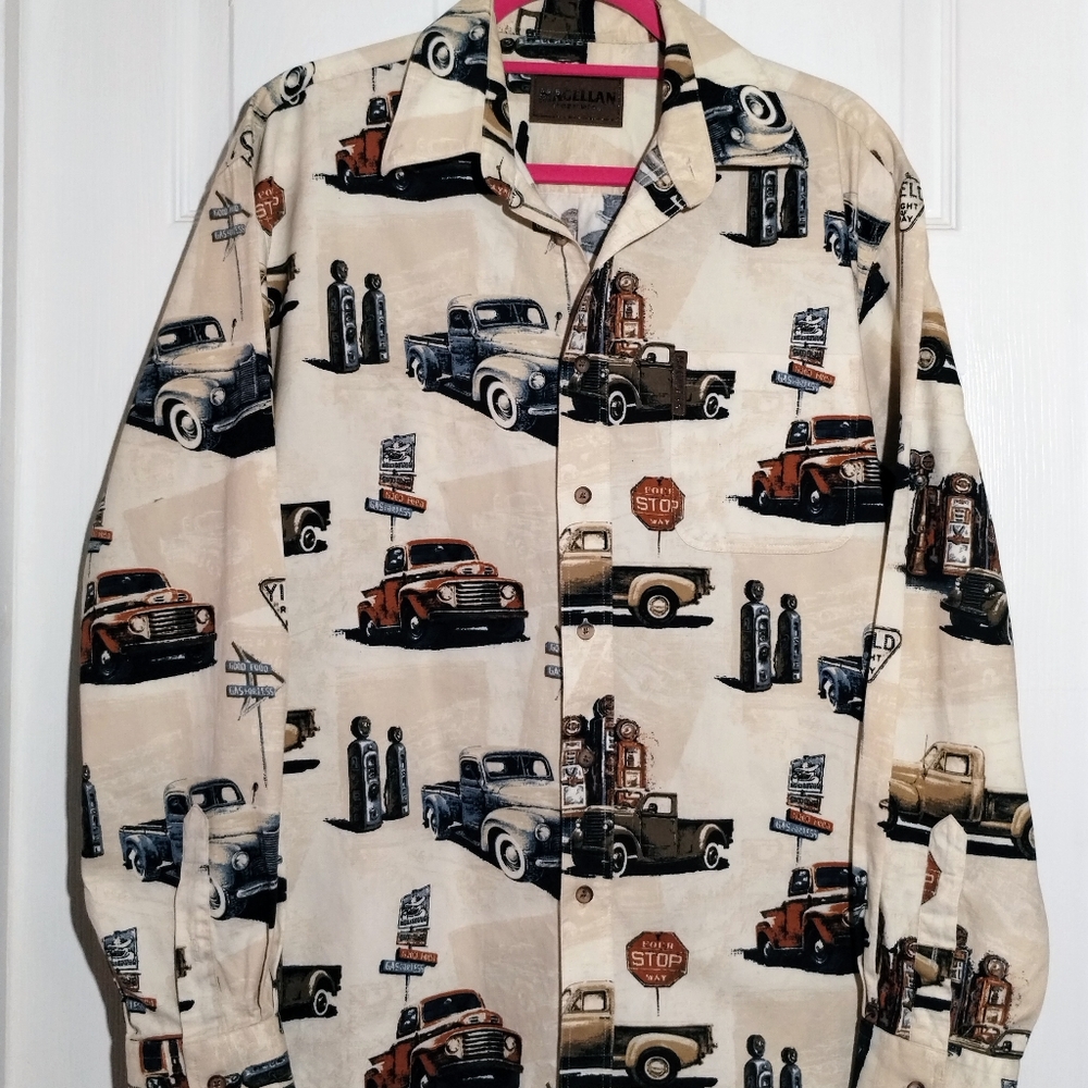 Magellan Mens M Beige Long Sleeve Button Down Classic American Muscle Cars